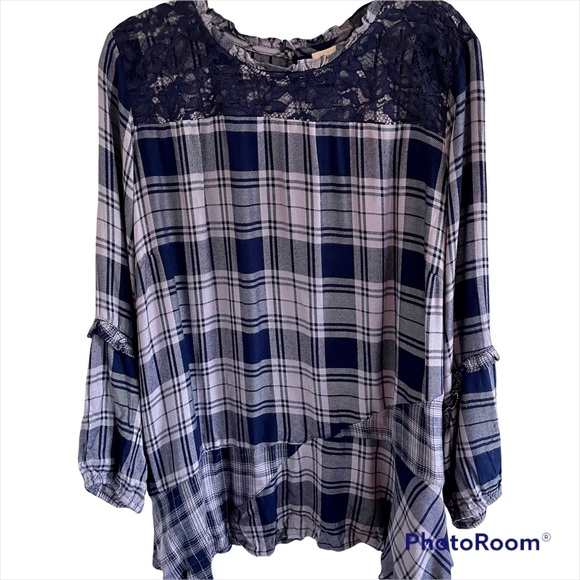 LOGO Lori Goldstein Lavish Woven Plaid Tunic Top 2X